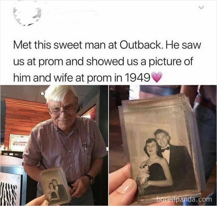 Older man showing a prom photo from 1949 at Outback Steakhouse