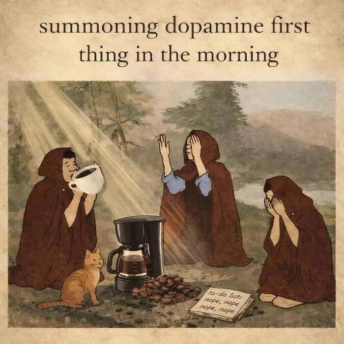 Illustration meme about summoning dopamine with coffee in the morning