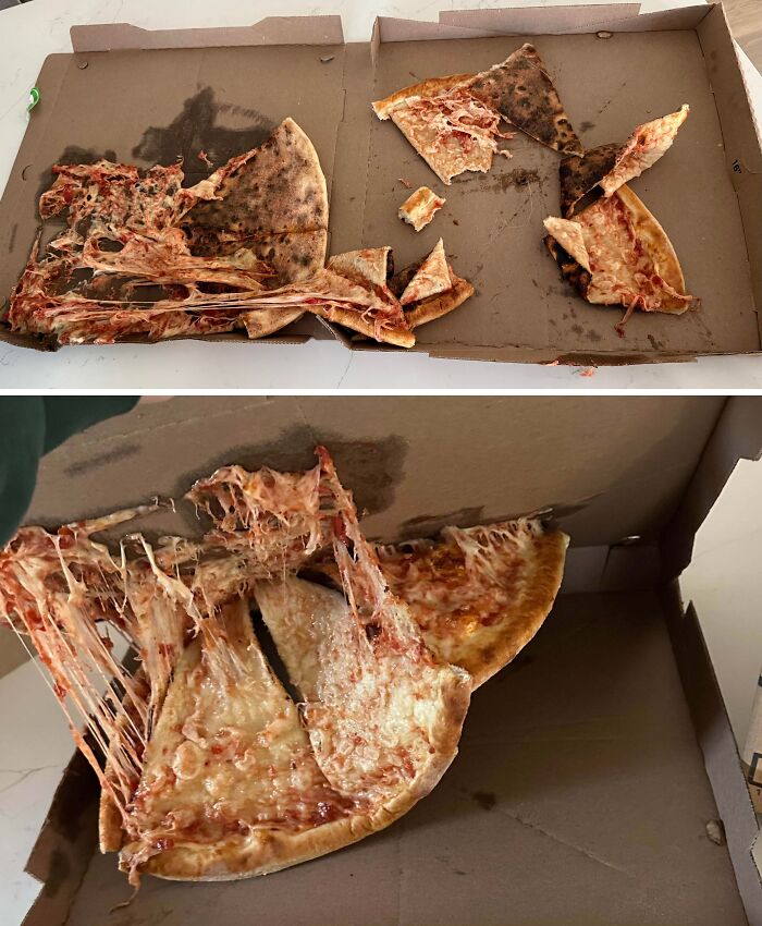 Two images of a messed-up pizza in a box, a funny and infuriating food delivery fail.