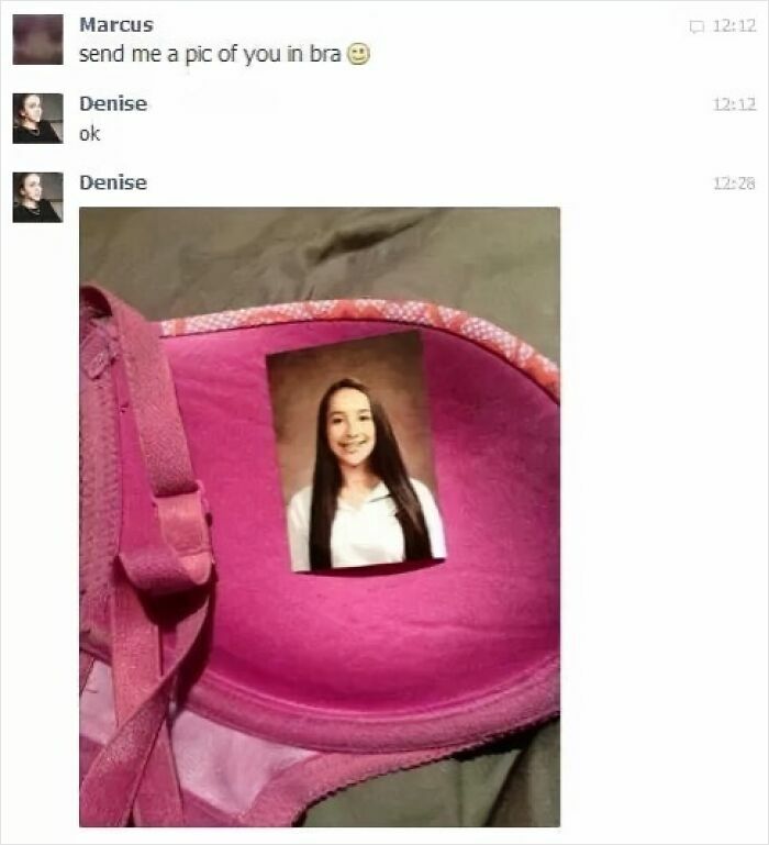 A woman sends an epic comeback: a picture of herself inside a bra, not wearing one.