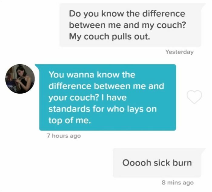 A woman delivers an epic comeback to a mans inappropriate pick-up line about his couch.