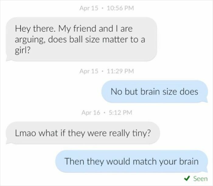 A screenshot showing epic comebacks from a woman responding to an inappropriate question on a dating app.