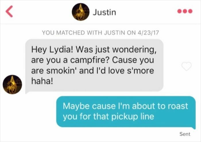 A screenshot of a woman's epic comebacks on a dating app, shutting down a cheesy pickup line.