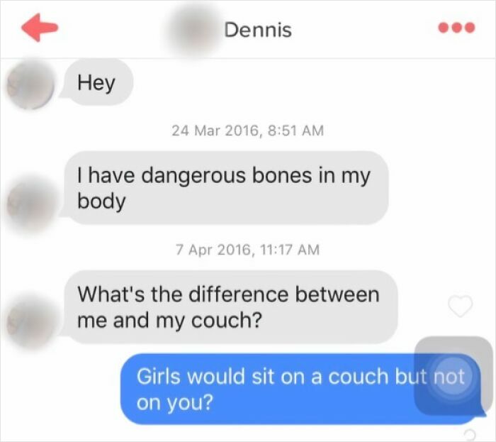A screenshot of epic comebacks from a woman on a dating app, responding to a man's odd pickup line.