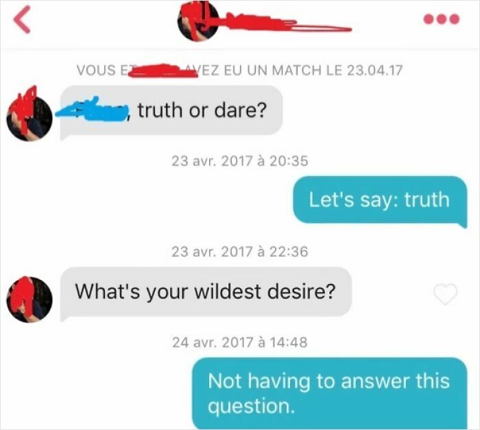 Epic come back from women done being polite, avoiding a personal question with a witty truth or dare response.