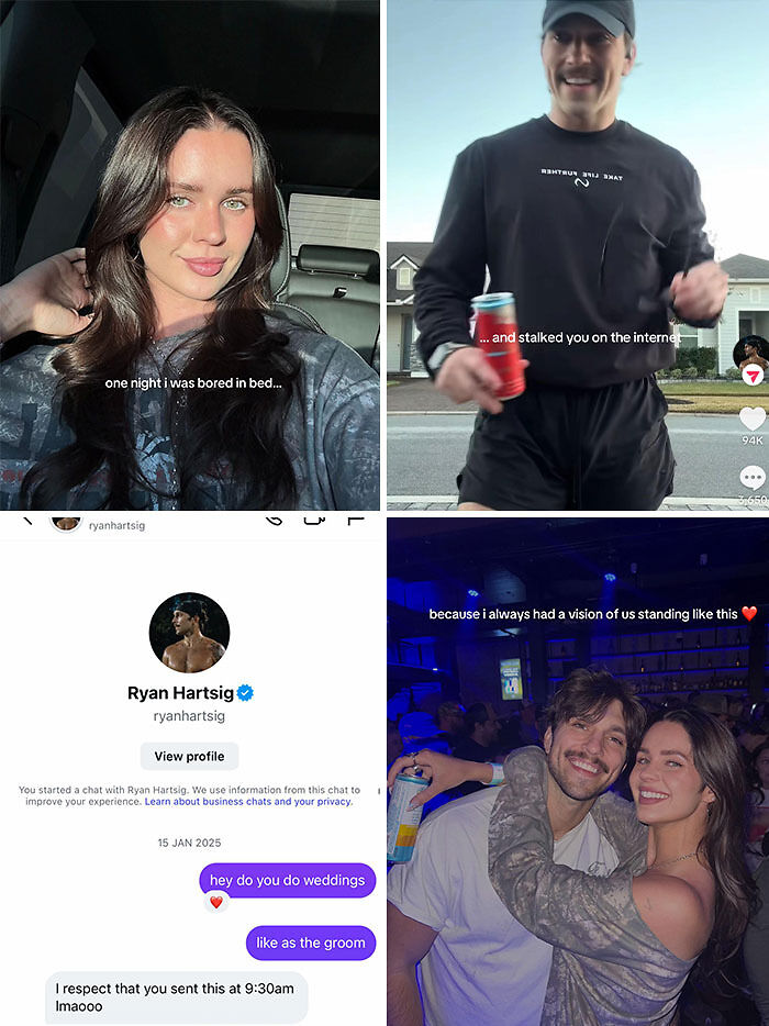 A woman in bed, a man exercising, an online chat, and a couple hugging, all part of cute love stories.