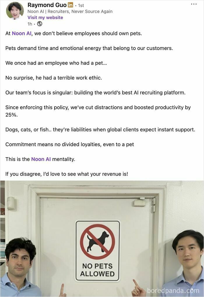 Post about no pets allowed policy impacting productivity at work