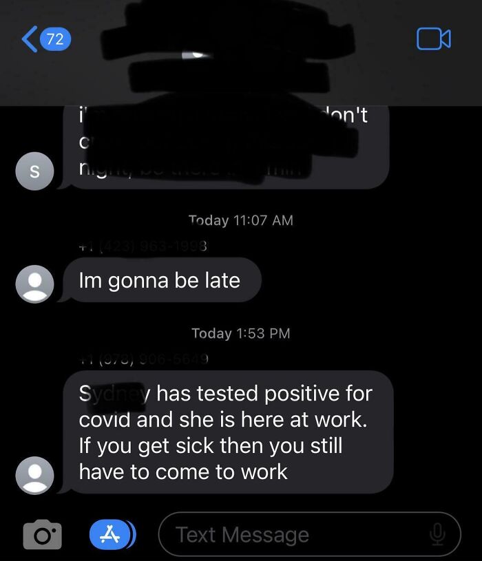 Text messages showing boss ignoring COVID positive employee safety concerns