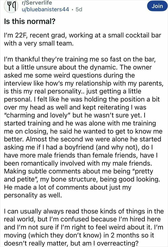Reddit post about a young woman's awkward experience with a bar owner's inappropriate questions