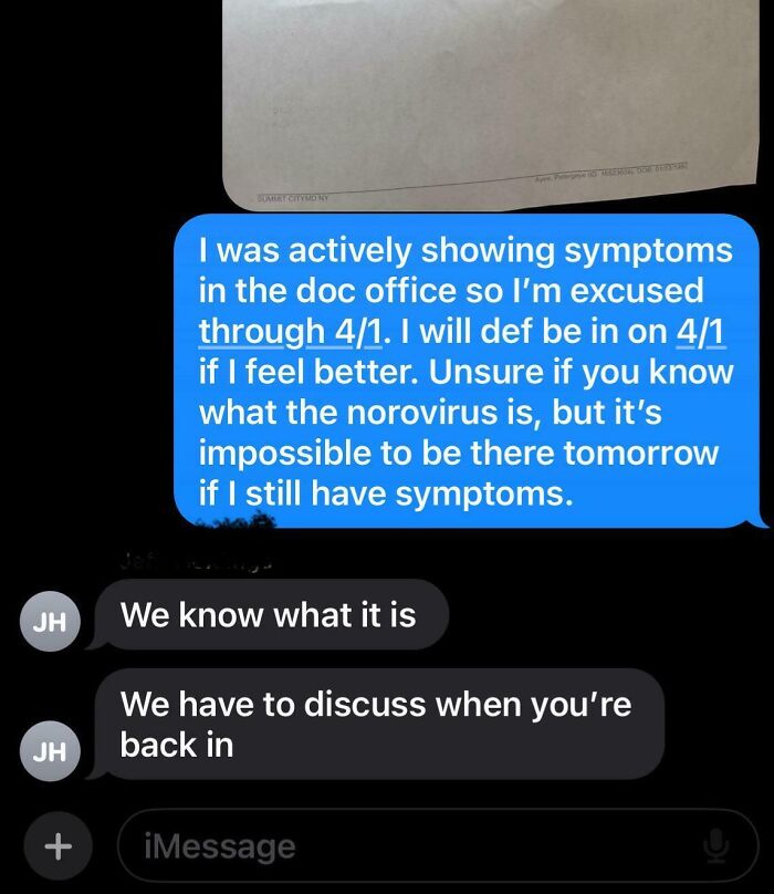 Text conversation about norovirus symptoms and work absence confirmation