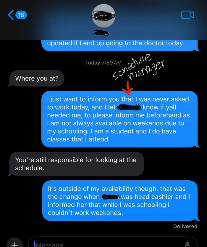 Text message exchange about work schedule and availability conflicts