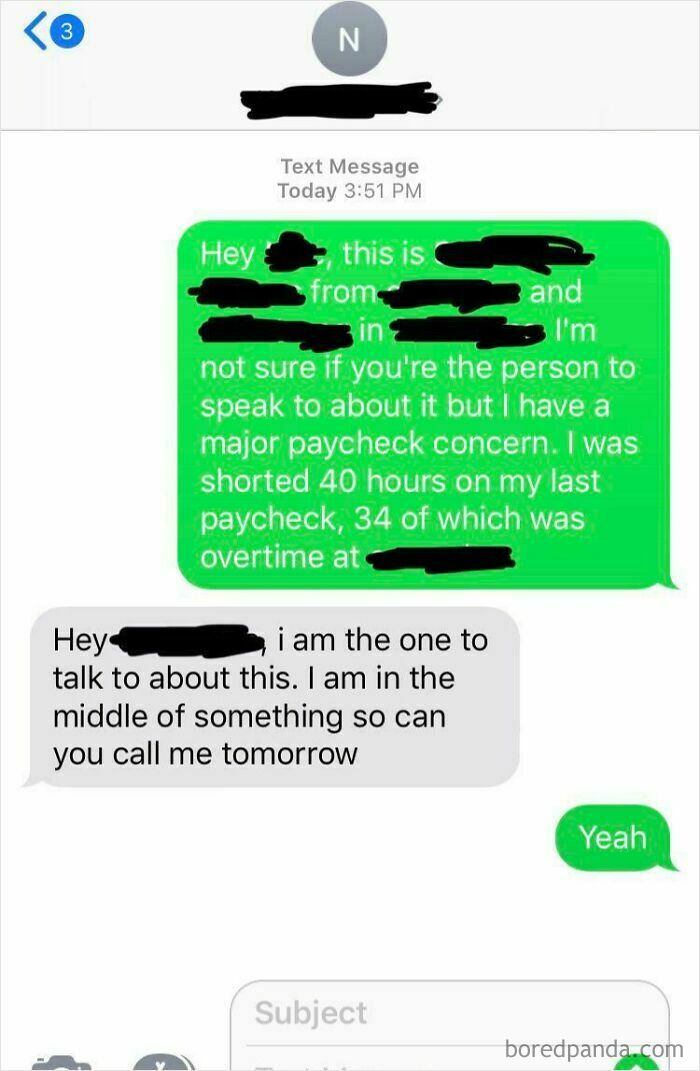 Text exchange about paycheck concern and delayed response from boss