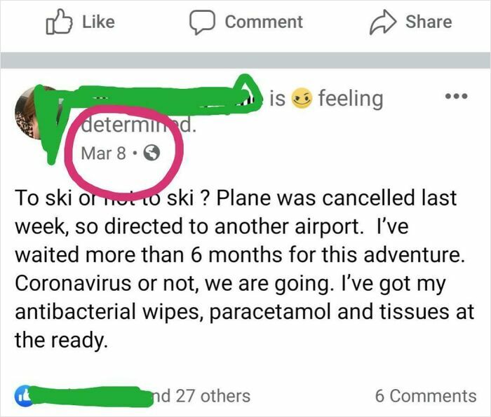 Social media post about skiing plans despite coronavirus, showing determination to go on the trip