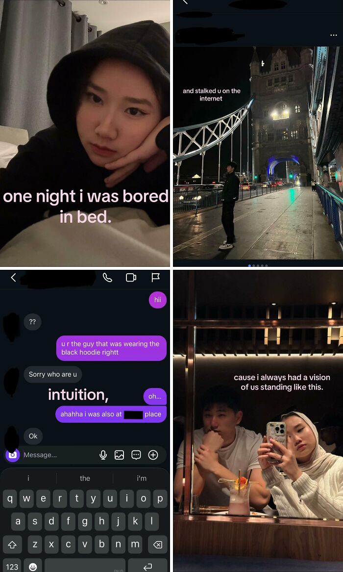 A split image showing a woman bored in bed, a man on a bridge, and text messages related to a cute love story and intuition.