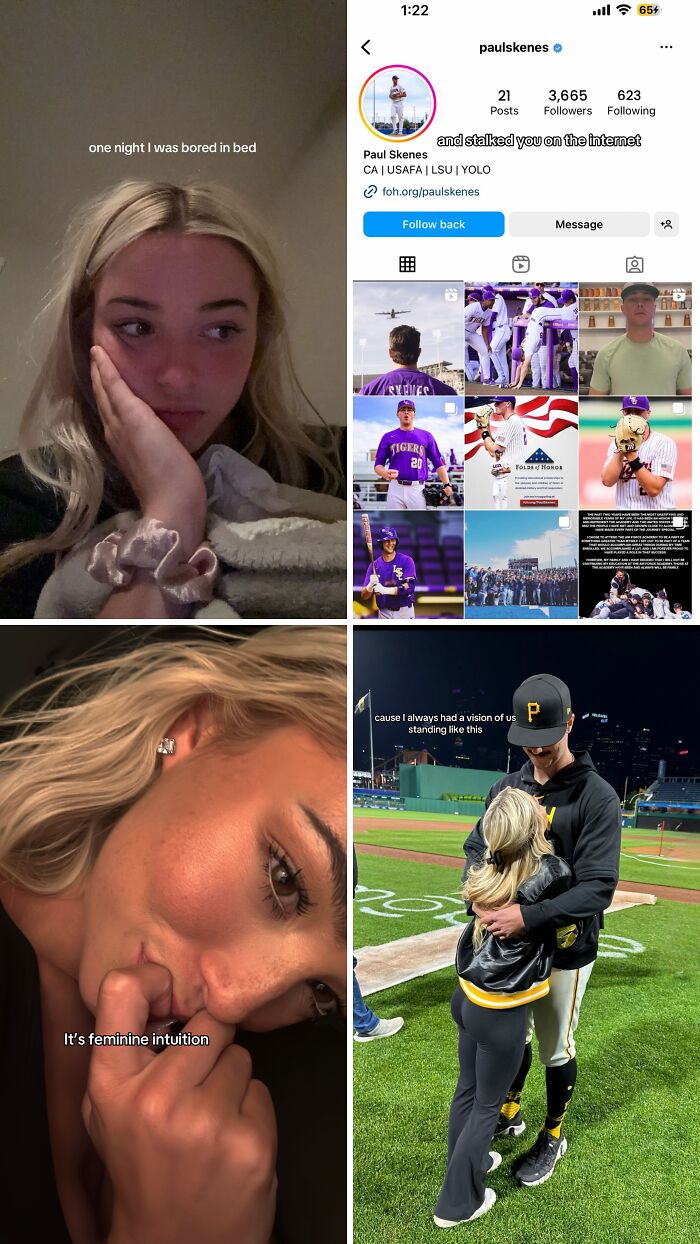Four panels depicting a woman bored, using the internet, and a couple at a baseball field, sharing cute love stories.