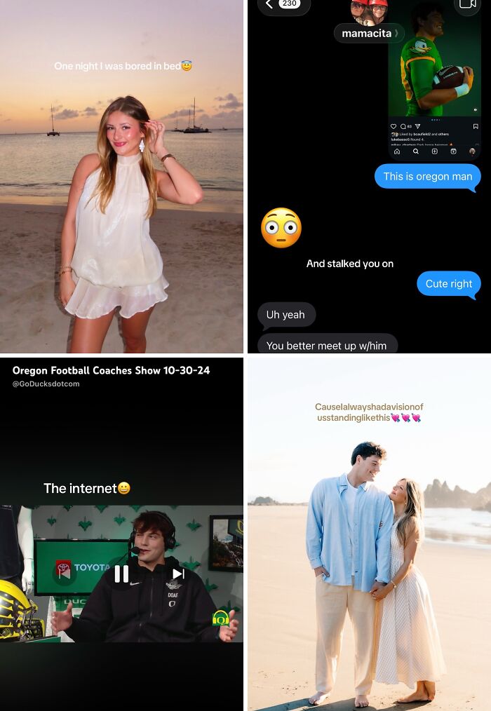 Collage of a woman on the beach, social media stalking, a man on the internet, and a couple, showcasing cute love stories.