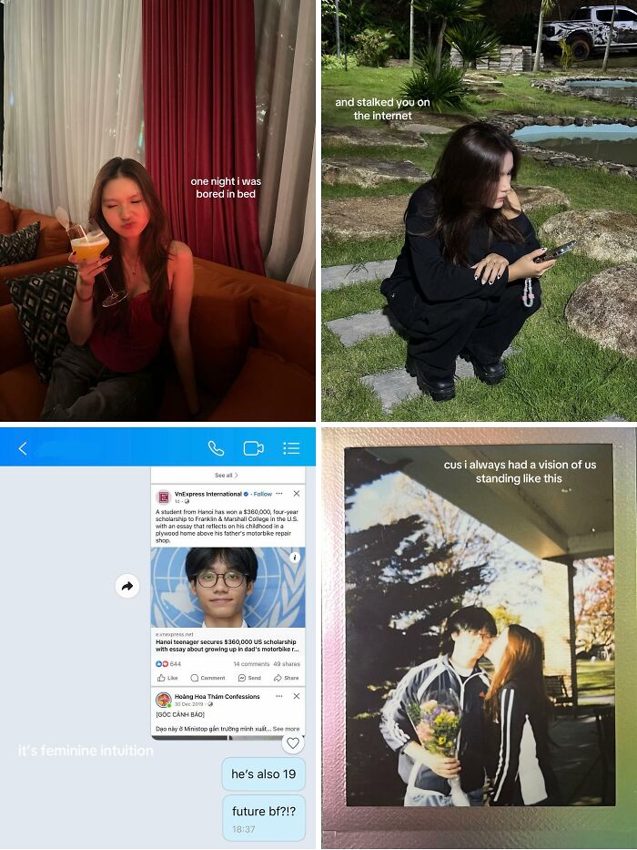 Four images: a woman bored in bed, using the internet, and a couple's romantic moment, portraying cute love stories.