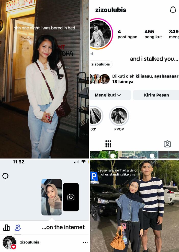 Compilation showing a woman bored, her online stalking, and a couple standing by a car, highlighting cute love stories.