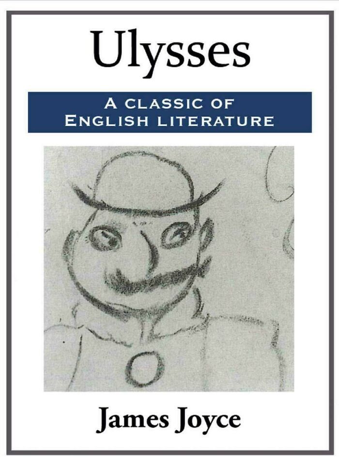 Hilariously unhinged book cover of Ulysses by James Joyce with a crudely drawn stick figure illustration