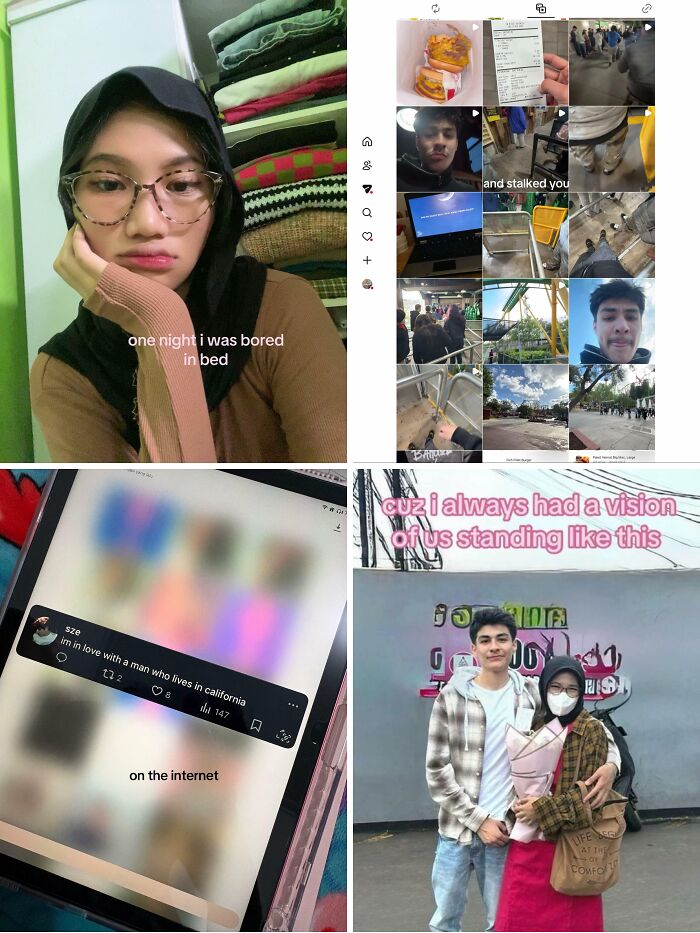 Collage of a woman bored in bed, social media stalking, and a couple standing together, illustrating cute love stories.