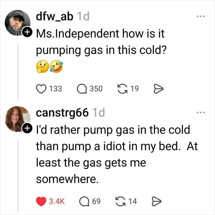 A screenshot showing an epic comeback from women to a misogynistic comment about pumping gas in the cold.