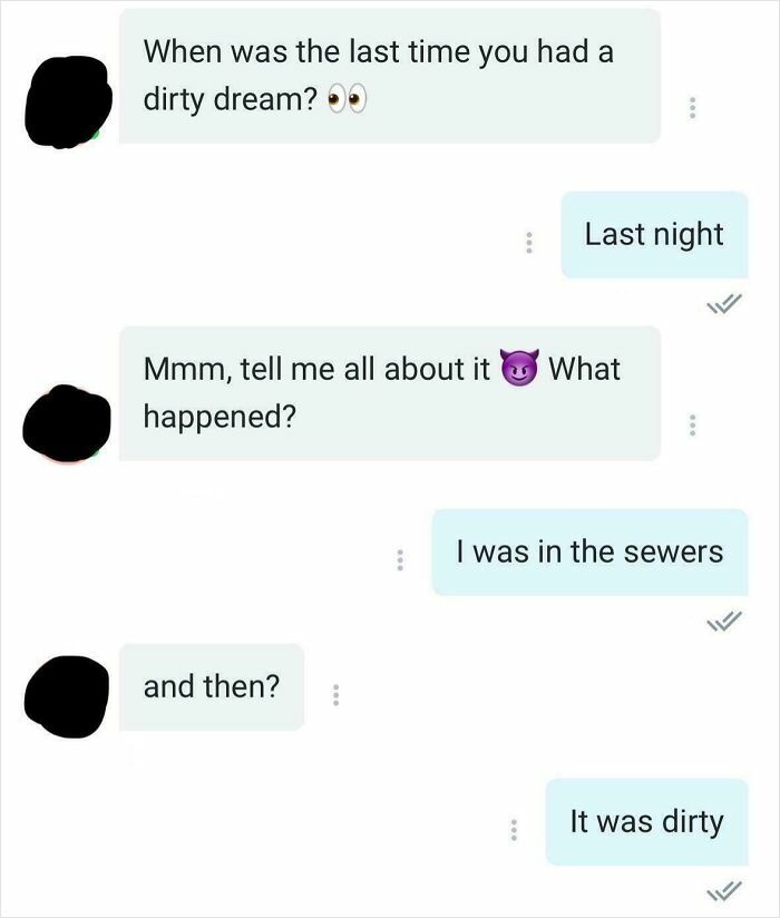 A screenshot of a hilarious comeback where a woman gives a literal answer to a man asking about a dirty dream.