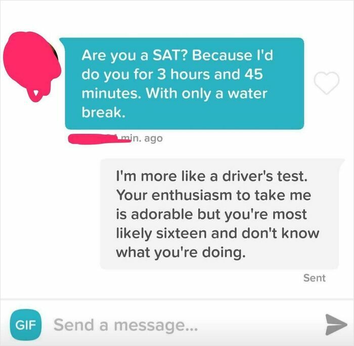 A screenshot of a woman giving an epic comeback to a mans suggestive pickup line comparing her to a SAT test.