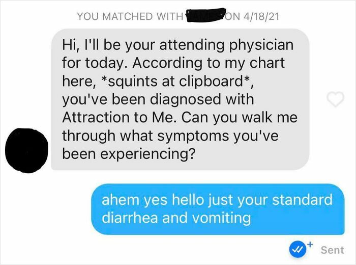 A screenshot showing an epic comeback from women to a mans cheesy pickup line about attraction to him.