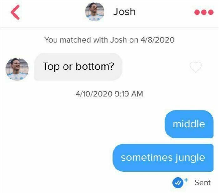 A screenshot of epic comebacks from women, showing a Tinder chat where a woman replies 'middle, sometimes jungle' to a crude question.