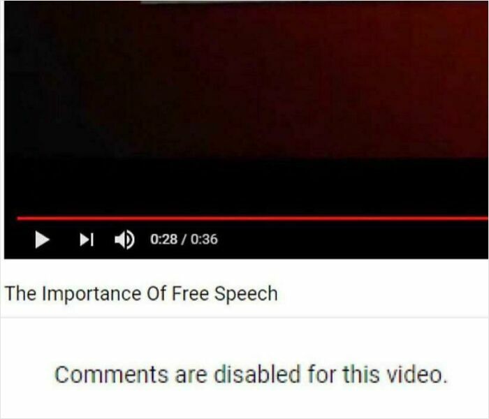 Irony example showing comments disabled on video titled Importance of Free Speech