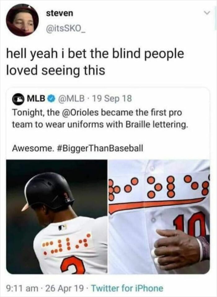 Tweet mocking MLB Orioles Braille uniforms meant for blind people irony
