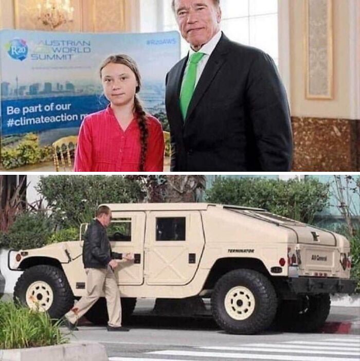 Man in suit and young activist with large military-style vehicle at climate action summit
