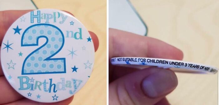Birthday badge marked for children under three displays ironic age warning