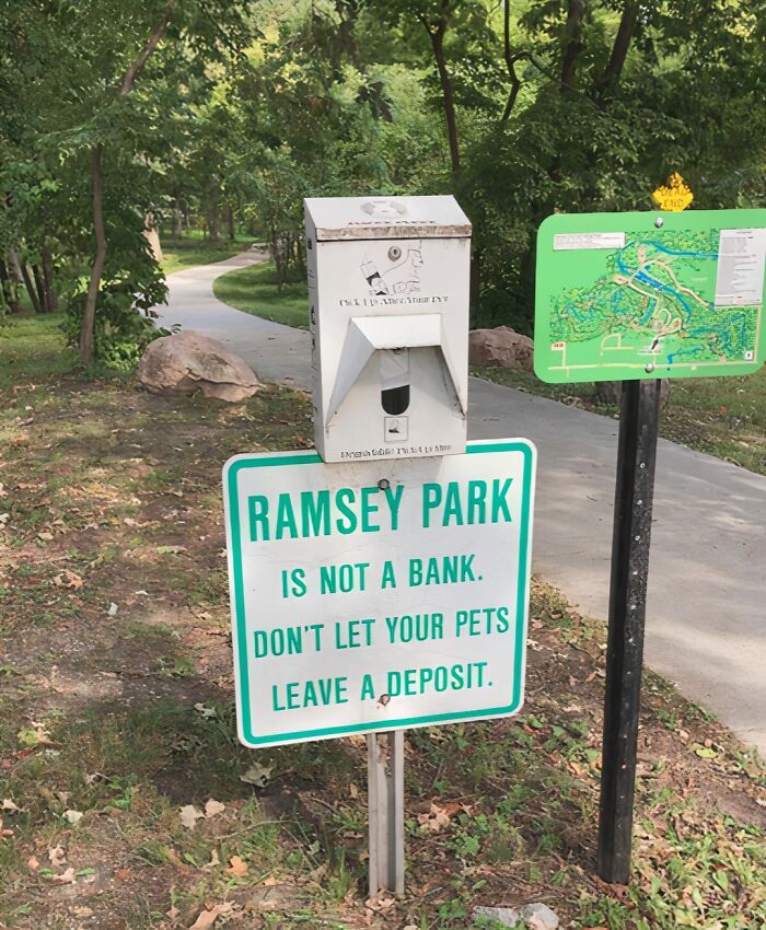 A funny sign in Ramsey Park warning pet owners about leaving pet waste, found in the wild.