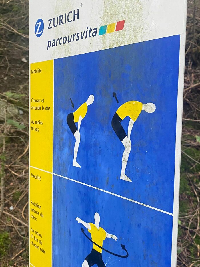 A blue and yellow outdoor funny sign with illustrations demonstrating exercises like back arching and torso rotation, for mobility.