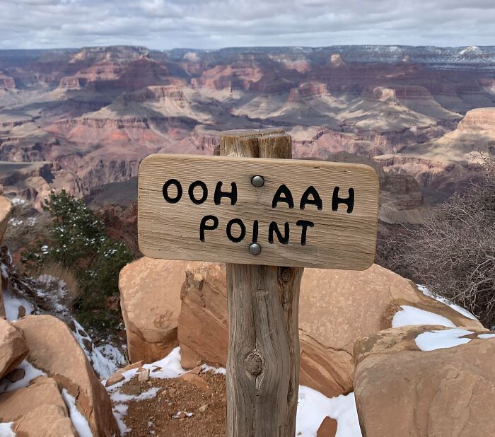 A funny sign in the wild at a scenic overlook reads OOH AAH POINT, with the Grand Canyon in the background.