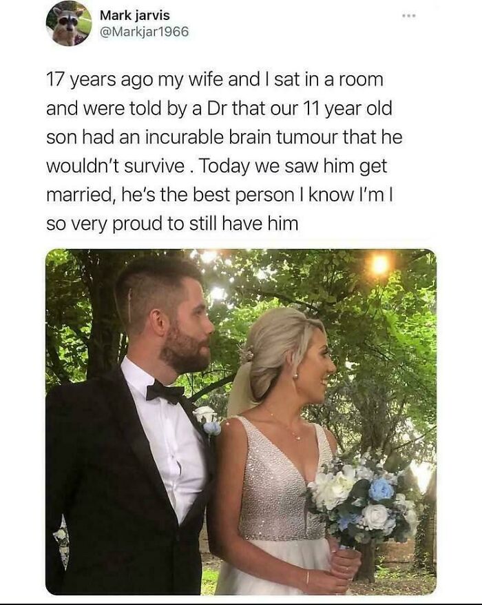 Uplifting posts: A groom and bride smile, celebrating their wedding day, a testament to overcoming adversity.