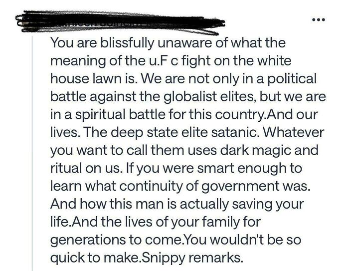 A screenshot from a neighborhood online community discussing political and spiritual battles, the deep state.