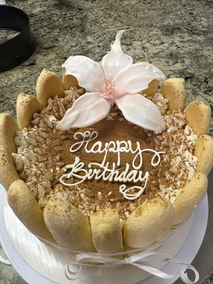 Decorated birthday cake with ladyfinger border and white flower topping