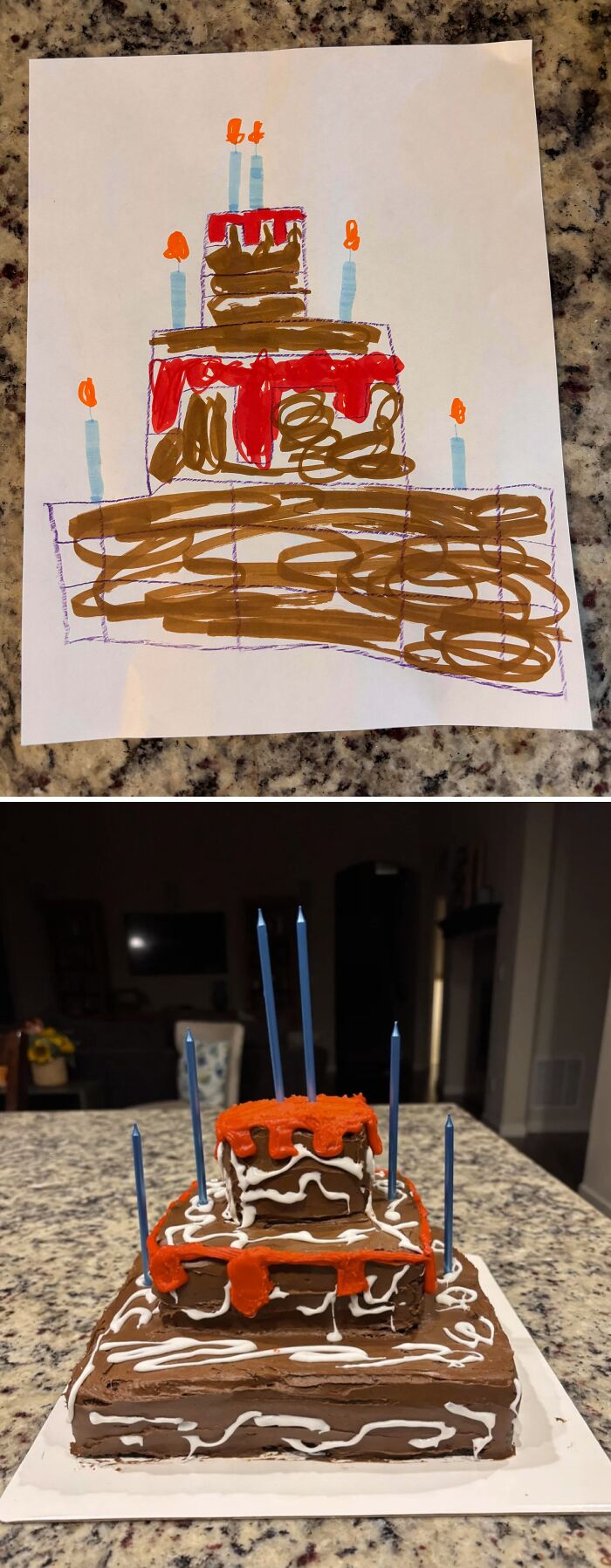 Child's drawing of a multi-tier birthday cake with candles on paper
