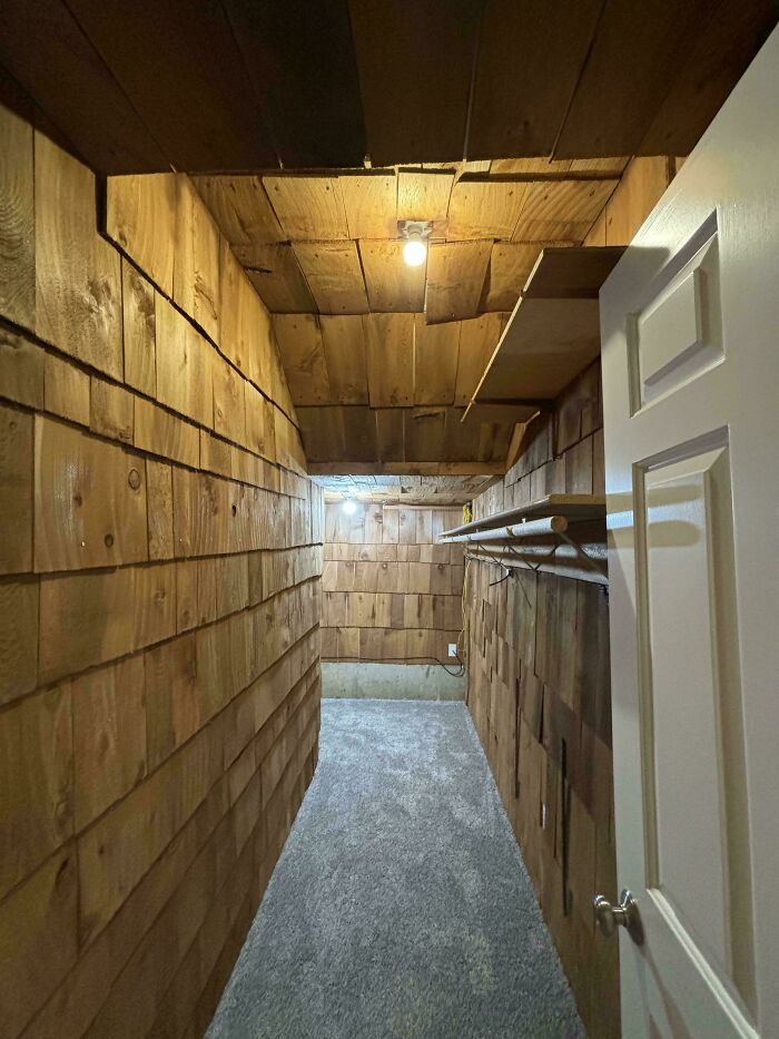 Small, wood-paneled room with a single lightbulb, a deeply unsettling liminal space.