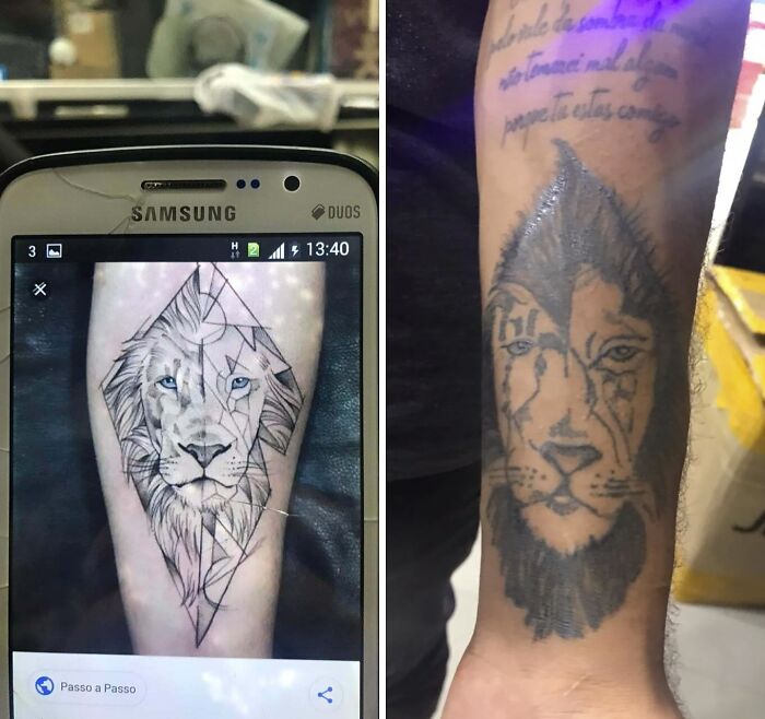 Comparison of lion tattoo design and poorly done tattoo on forearm