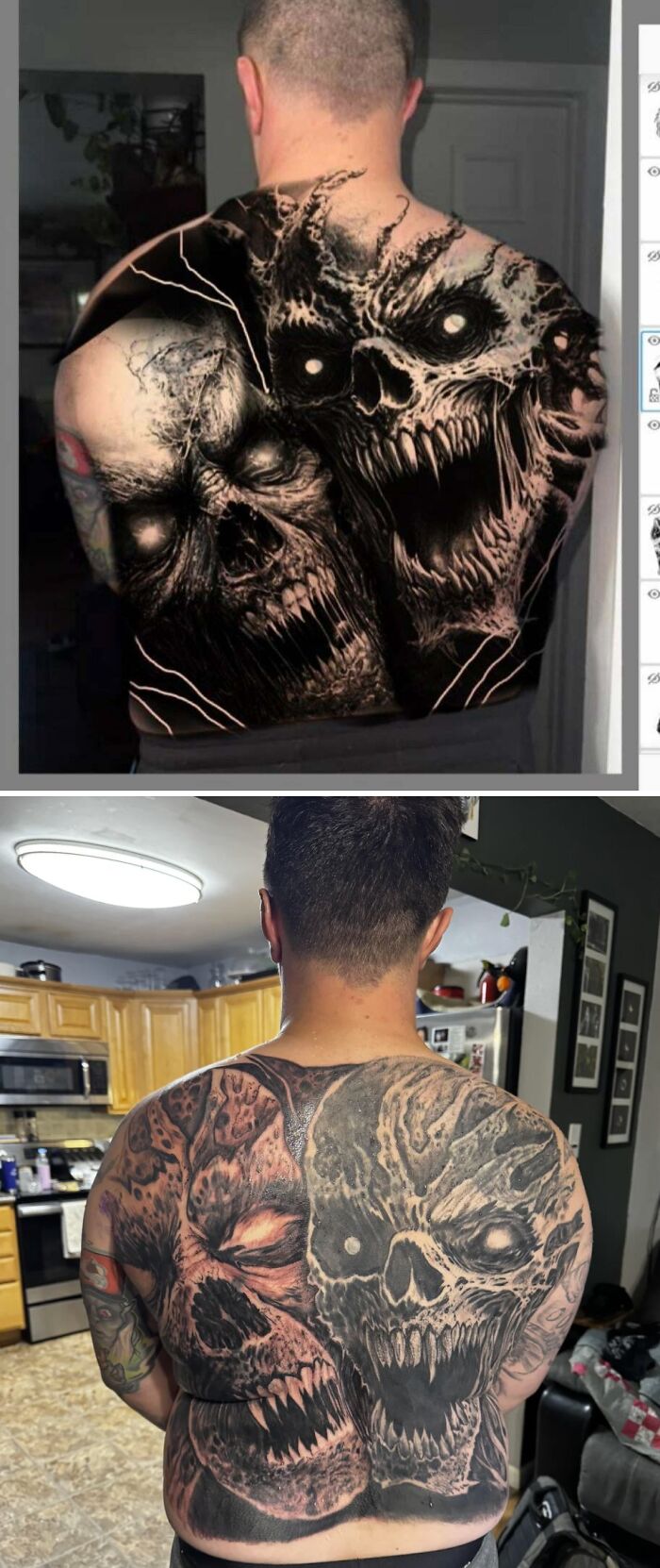 Back tattoo of two scary skulls with glowing eyes and sharp teeth tattoo fails