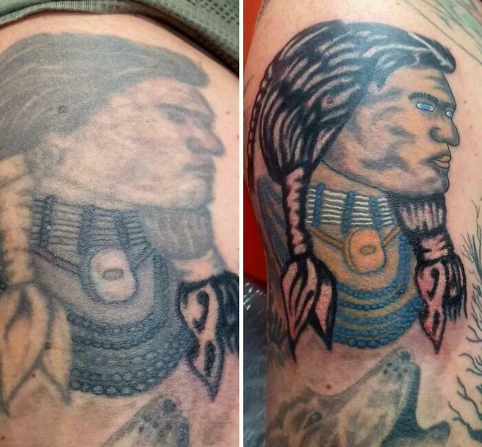 Before and after images of a restored Native American portrait tattoo fail