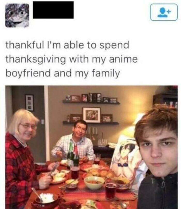 A cringy image of a family having Thanksgiving dinner with an anime body pillow, incredibly sad.