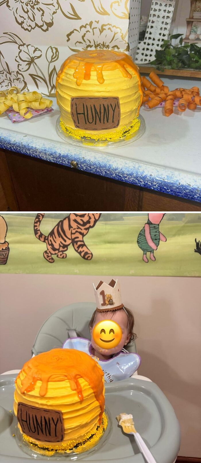 Hunny pot cake with dripping orange icing on kitchen counter