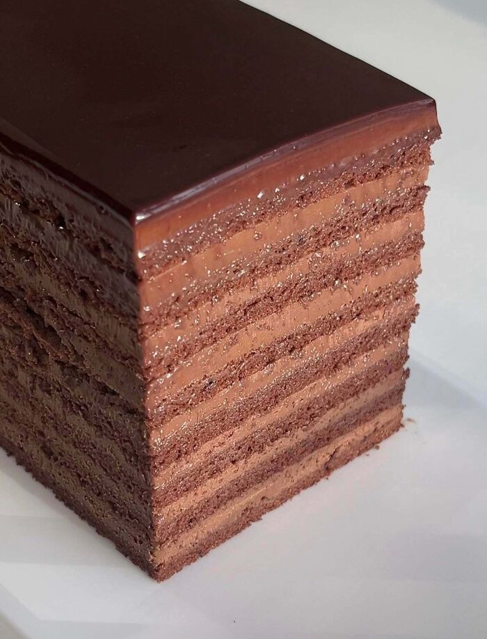 Layered chocolate ganache cake with smooth glossy finish on white surface