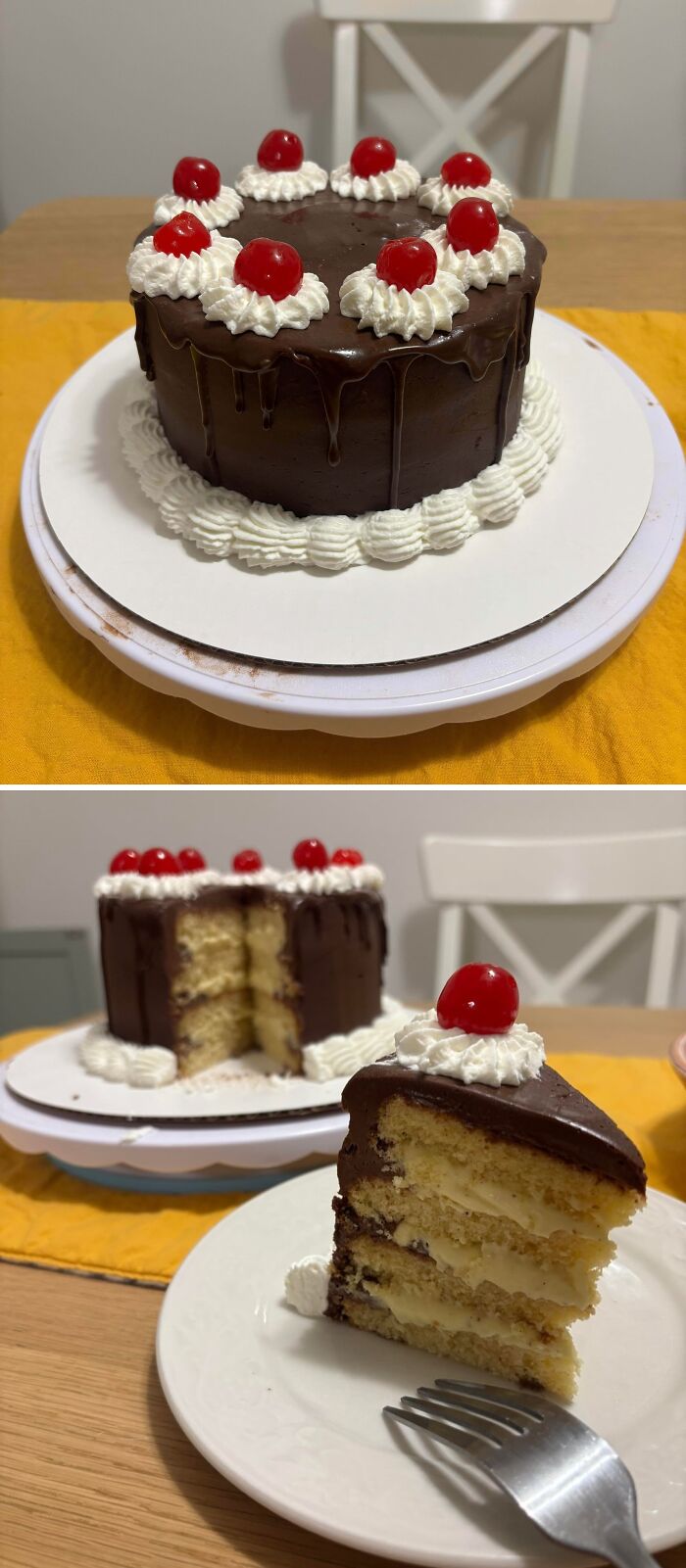 Chocolate black forest cake with cherries and cream, whole and sliced