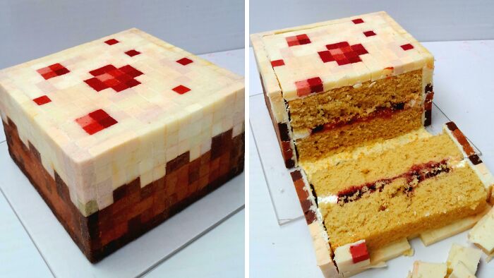 Minecraft pixel art cake with red and brown squares and sliced view