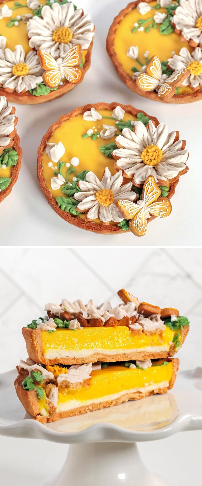 Yellow floral decorated tart with butterfly designs and layered filling